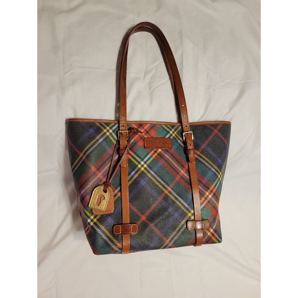 Dooney & Bourke Vintage Red and Green Plaid Tote Shoulder Handbag Leather Trim